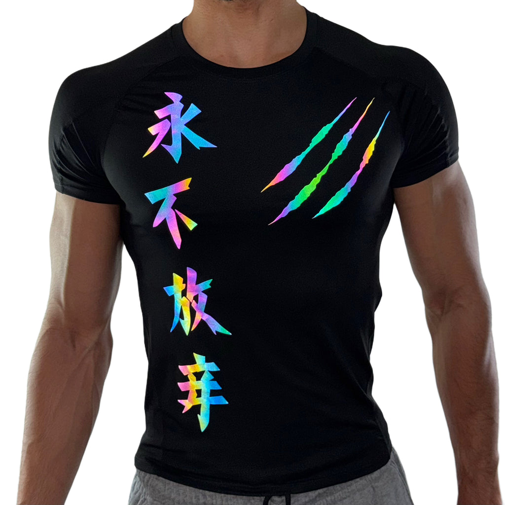 Men’s black compression shirt with reflective rainbow Chinese characters and claw mark design, front view on white background.