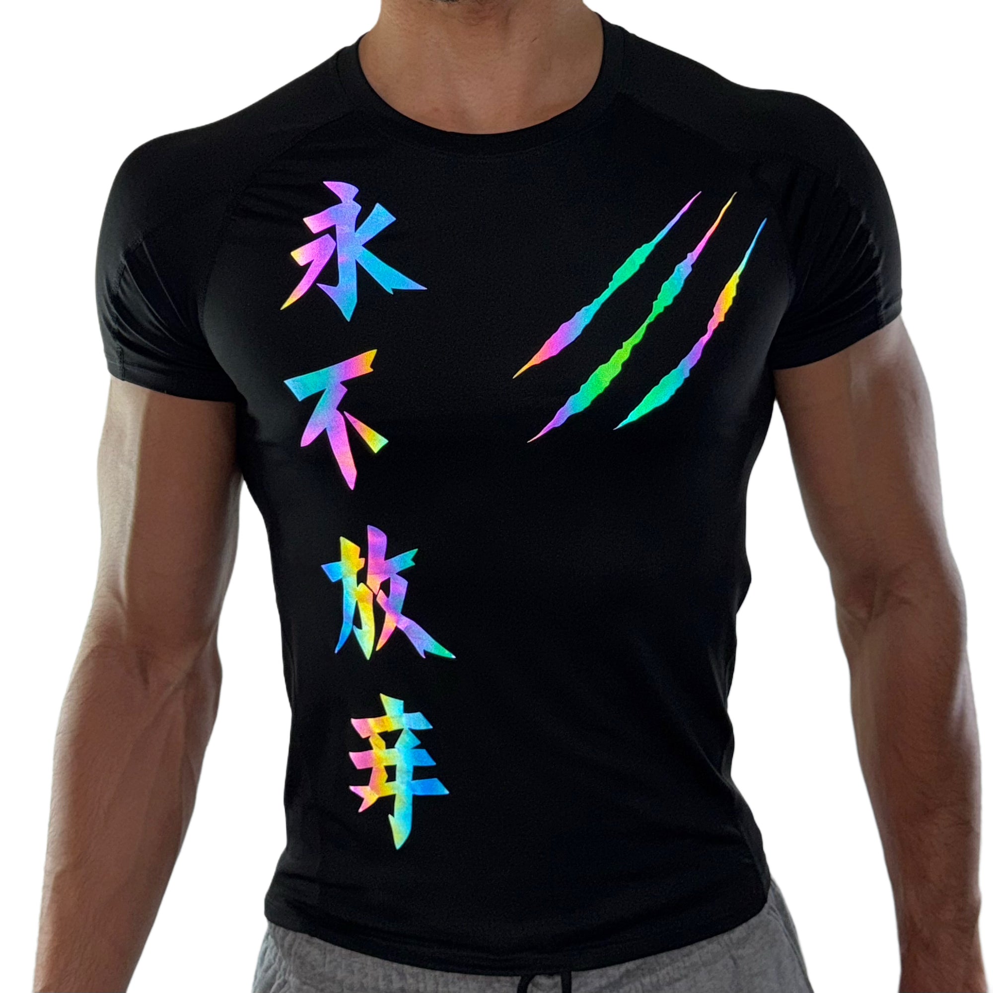 Men’s black compression shirt with reflective rainbow Chinese characters and claw mark design, front view on white background.