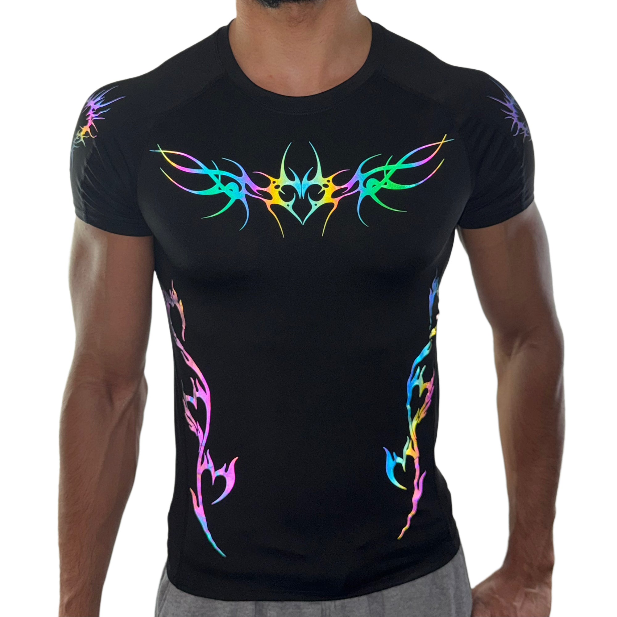 Men’s fitted black compression shirt with rainbow reflective tribal heart and flame designs across chest and sides.