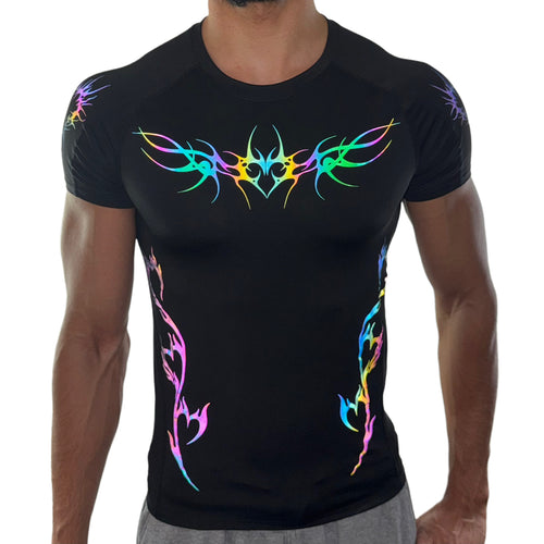 Men’s fitted black compression shirt with rainbow reflective tribal heart and flame designs across chest and sides.