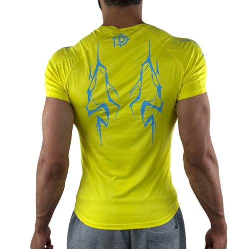 Back view of a men's yellow compression tee with sharp light blue tribal lightning graphics and Pludyna logo at the neck.