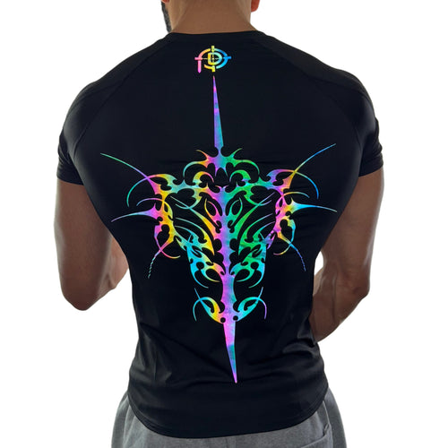Men’s black compression tee featuring a vibrant rainbow reflective tribal sword and spine design on the back.