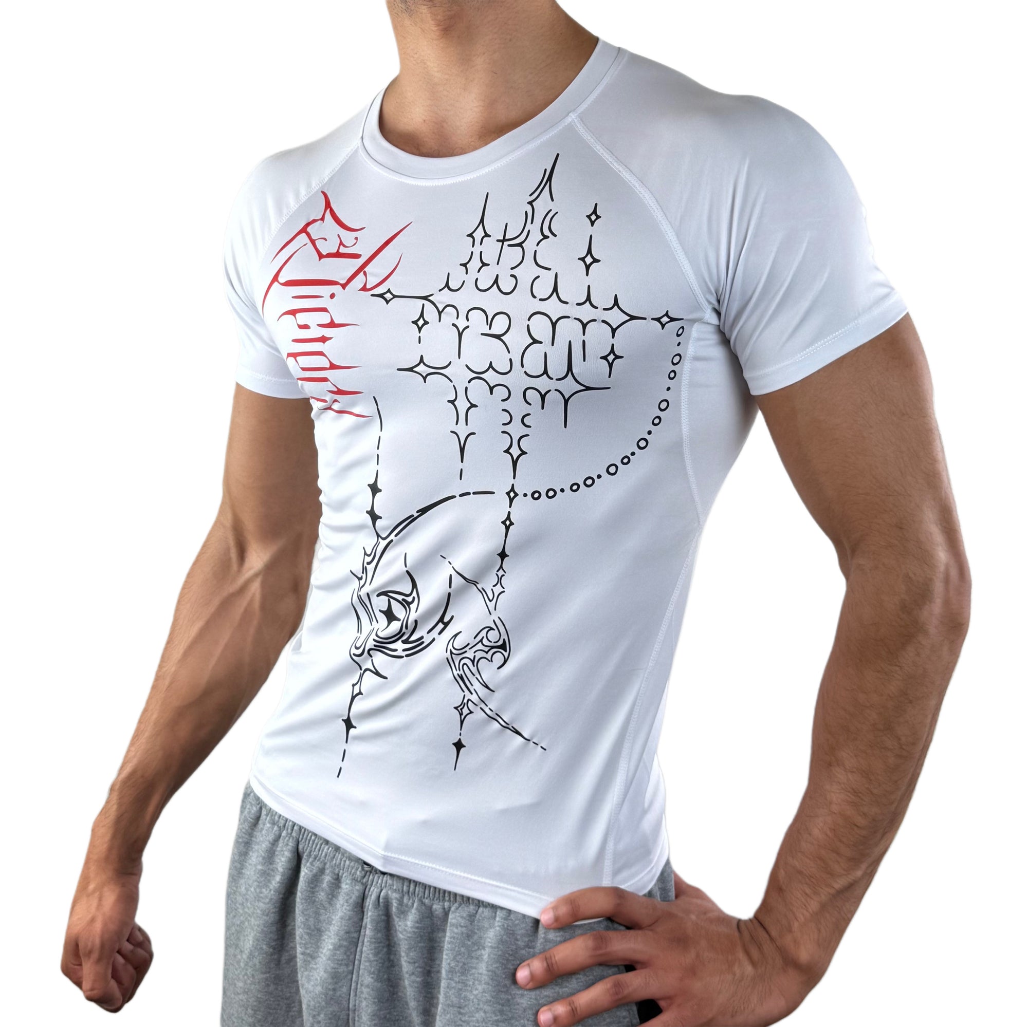 Athletic man in a fitted white activewear shirt with futuristic red and black markings, posed at a slight angle to highlight the chest print.