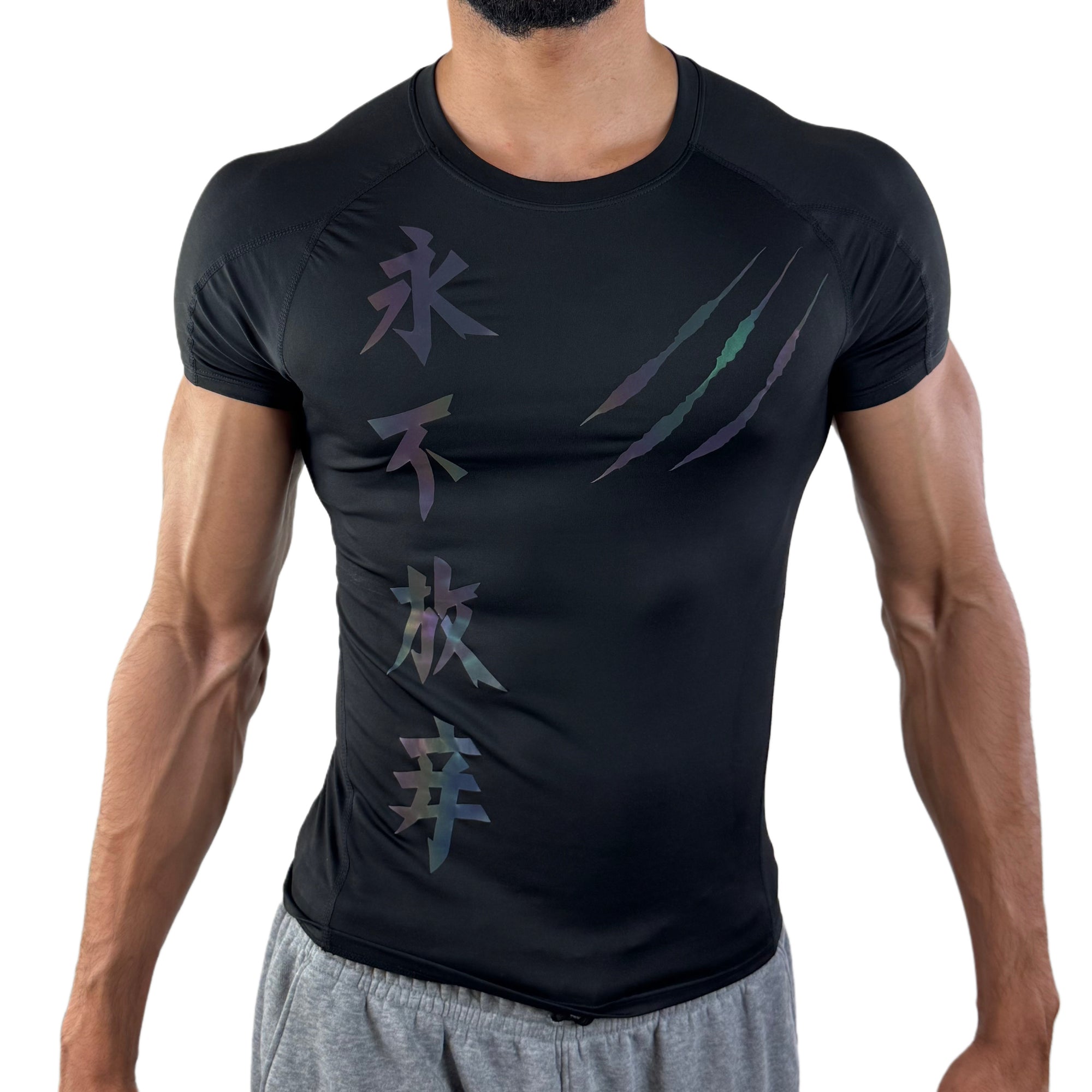Men’s black compression athletic shirt with holographic Chinese lettering and claw marks, modeled on a white background