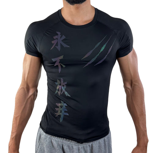 Men’s black compression athletic shirt with holographic Chinese lettering and claw marks, modeled on a white background